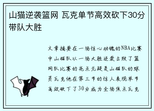 山猫逆袭篮网 瓦克单节高效砍下30分带队大胜